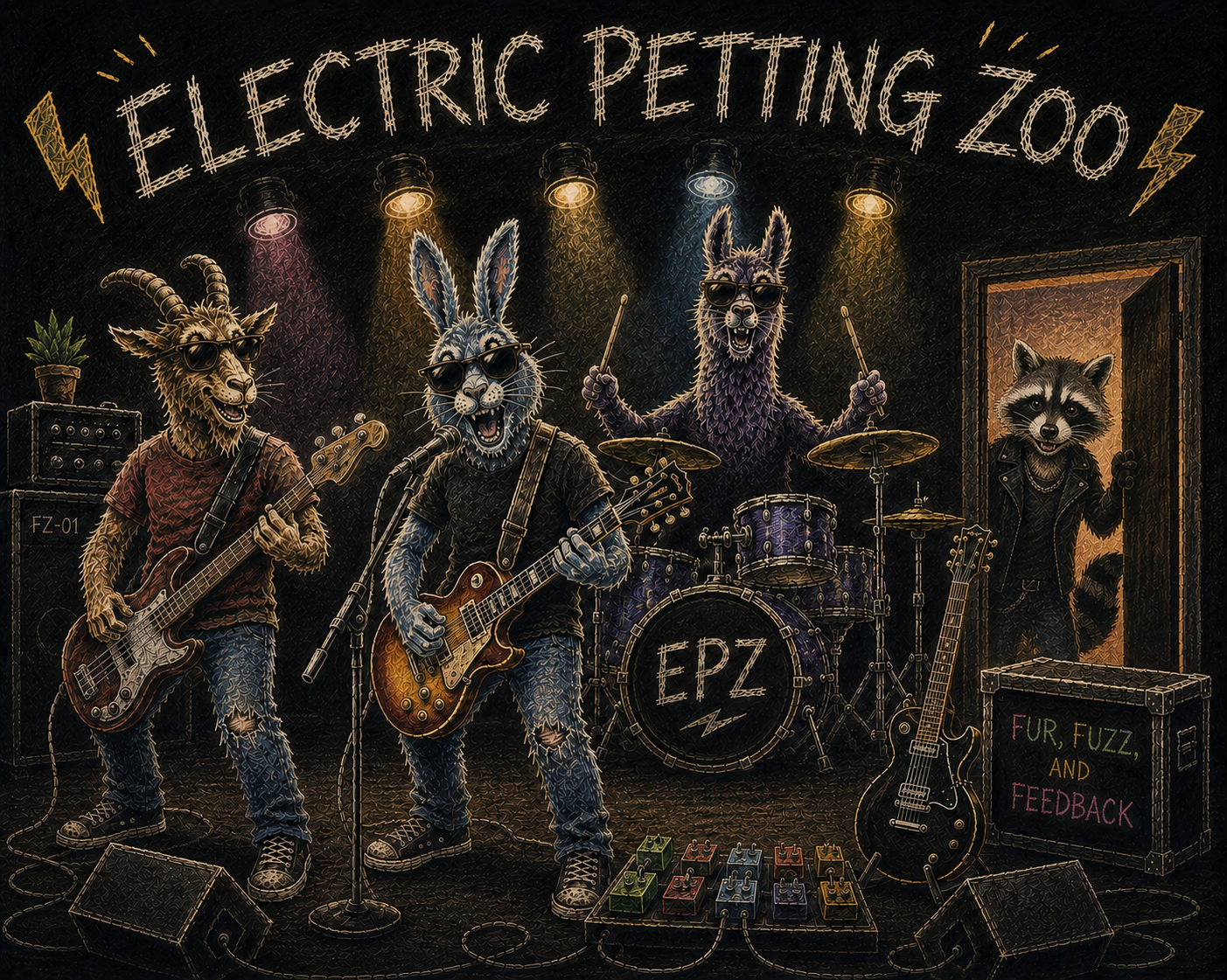 Electric Petting Zoo performing on stage with the raccoon visible in the doorway